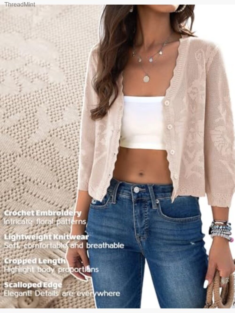 Cropped Cardigan Sweater Lightweight 3/4 Sleeve Button Down Crochet Shrug Top - Picture 3 of 7